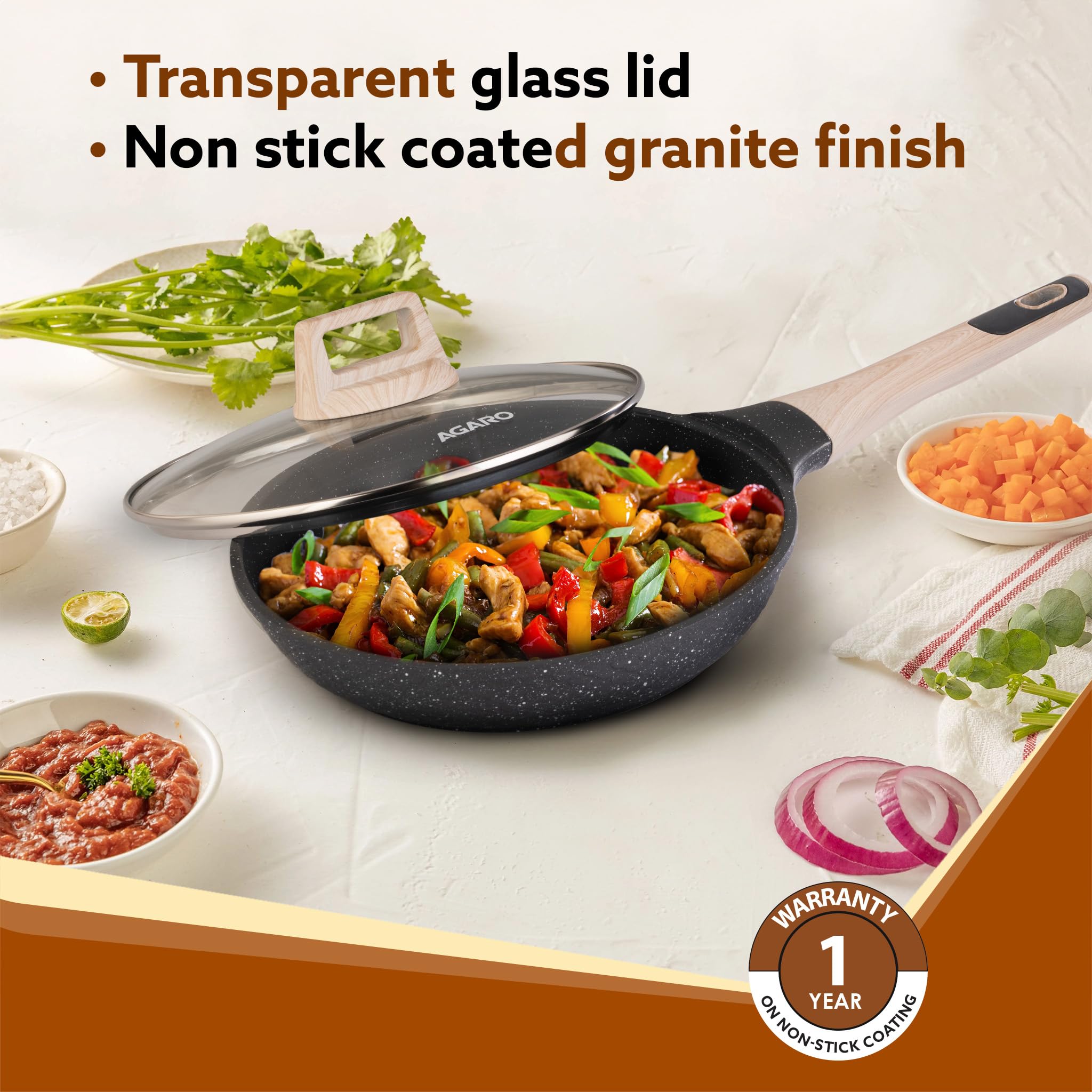 AGARO Imperial Granite Non Stick Cookware Set, 3pcs Cookware Set, 24cm Frying Pan with Glass Lid, 28cm Dosa Tawa, 28cm Kadai wit